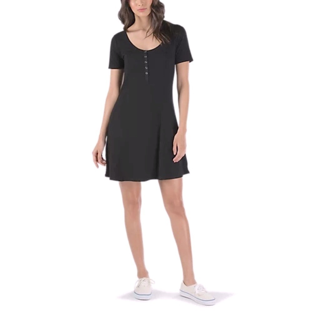 🍀2/$22 Vans Black Ribbed Henley Snap Neck Skater Mini Dress Womens size XS